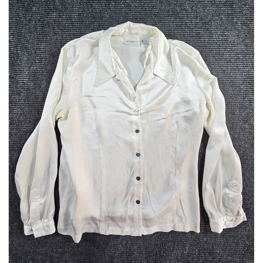 VTG Liz Claiborne Collection Blouse Top Womens 16 White Silky Collared Button Up